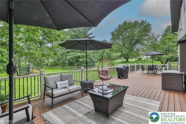 1925 Peach Tree Ln, Lower Saucon Twp, PA 18015 - wooden terrace with outdoor dining area, an outdoor hangout area, a lawn, grilling area, and view of scattered trees