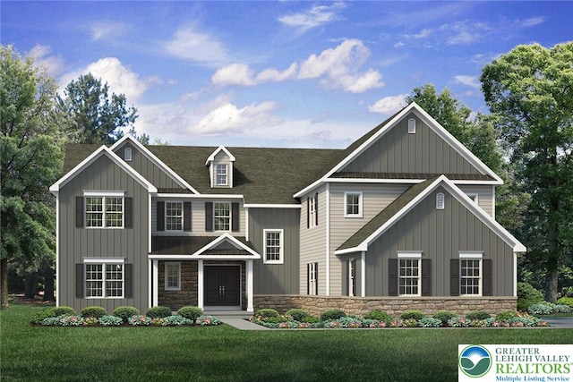 1901 Meadows Rd, Lower Saucon Twp, PA 18015 - view of front of property featuring board and batten siding, stone siding, roof with shingles, and a front lawn