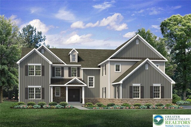 1901 Meadows Rd, Lower Saucon Twp, PA 18015 - view of front of property with board and batten siding, stone siding, roof with shingles, and a front yard
