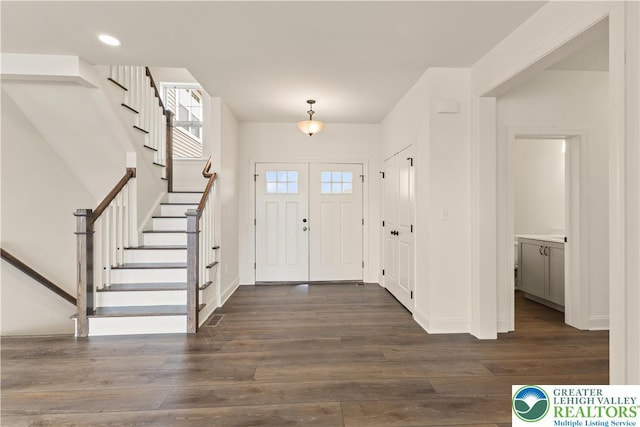 1901 Meadows Rd, Lower Saucon Twp, PA 18015 - foyer with stairway, dark wood-style flooring, and recessed lighting