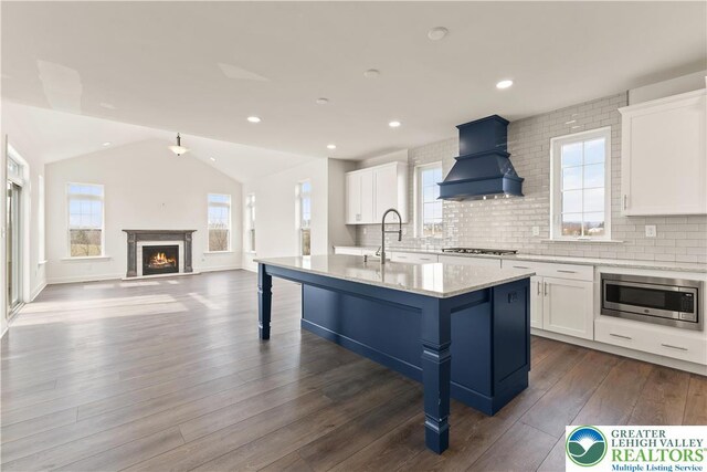 1901 Meadows Rd, Lower Saucon Twp, PA 18015 - kitchen with custom exhaust hood, appliances with stainless steel finishes, white cabinetry, dark wood finished floors, and vaulted ceiling