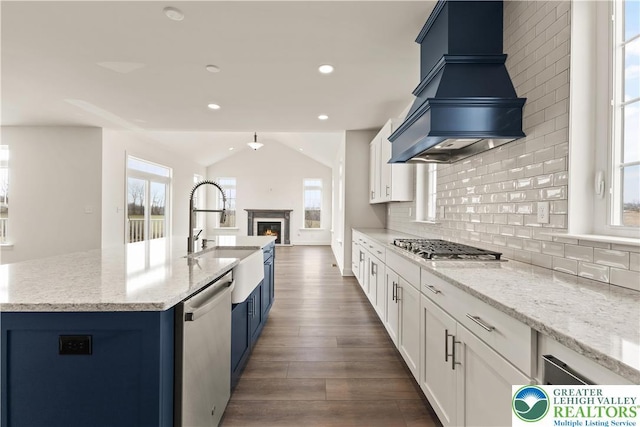 1901 Meadows Rd, Lower Saucon Twp, PA 18015 - kitchen featuring stainless steel appliances, blue cabinets, custom range hood, healthy amount of natural light, and vaulted ceiling