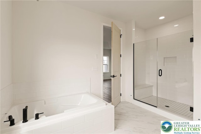 1901 Meadows Rd, Lower Saucon Twp, PA 18015 - full bath featuring a garden tub, a stall shower, marble finish floors, and recessed lighting