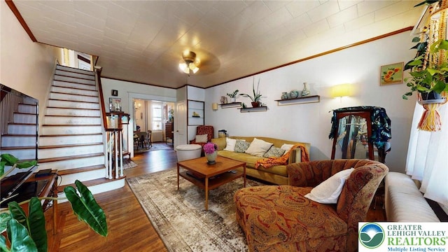 1446 Chew St, Allentown City, PA 18104 - living area with wood finished floors, stairs, and ornamental molding