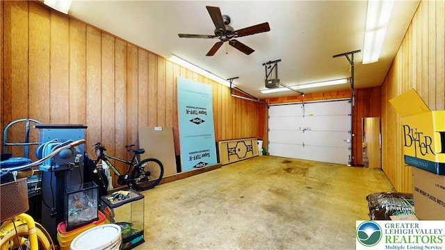 1446 Chew St, Allentown City, PA 18104 - garage with a garage door opener, wooden walls, and a ceiling fan