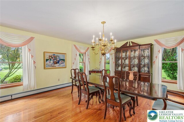 1151 Marfield Dr, Bushkill Twp, PA 18064 - dining space featuring a chandelier, healthy amount of natural light, baseboard heating, and light wood finished floors