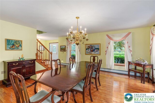 1151 Marfield Dr, Bushkill Twp, PA 18064 - dining room with a baseboard heating unit, light wood-type flooring, a chandelier, and stairway