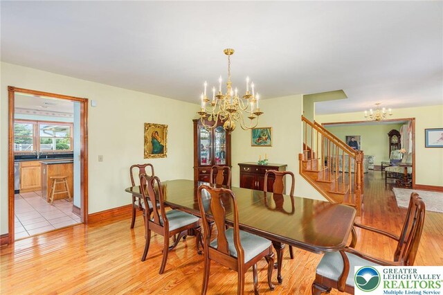 1151 Marfield Dr, Bushkill Twp, PA 18064 - dining area with a chandelier, stairway, and light wood-type flooring