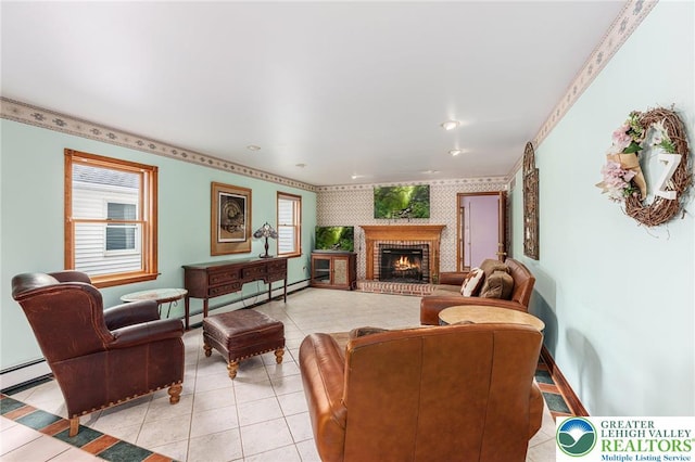 1151 Marfield Dr, Bushkill Twp, PA 18064 - living room featuring a baseboard radiator, a brick fireplace, wallpapered walls, and light tile patterned floors