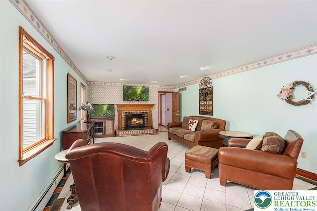 1151 Marfield Dr, Bushkill Twp, PA 18064 - living room with a baseboard heating unit, light tile patterned floors, a fireplace, and wallpapered walls