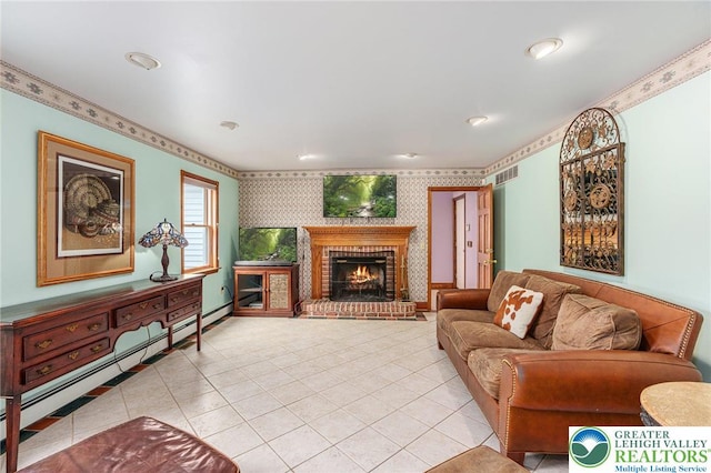 1151 Marfield Dr, Bushkill Twp, PA 18064 - living room with wallpapered walls, a fireplace, light tile patterned floors, and recessed lighting