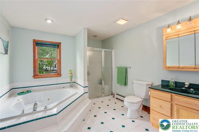 1151 Marfield Dr, Bushkill Twp, PA 18064 - full bath with a baseboard heating unit, vanity, a shower stall, a jetted tub, and tile patterned flooring