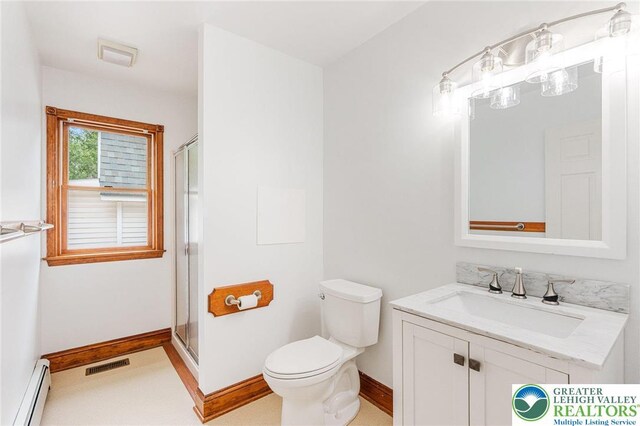 1151 Marfield Dr, Bushkill Twp, PA 18064 - bathroom with baseboard heating, vanity, and a shower with shower door
