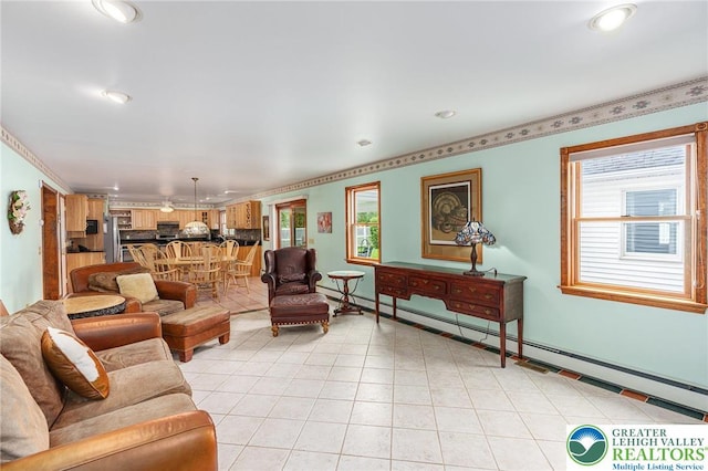 1151 Marfield Dr, Bushkill Twp, PA 18064 - living area featuring baseboard heating and recessed lighting