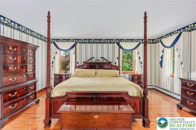 1151 Marfield Dr, Bushkill Twp, PA 18064 - bedroom with wallpapered walls, wood finished floors, and baseboard heating