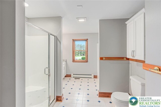 1151 Marfield Dr, Bushkill Twp, PA 18064 - bathroom featuring baseboard heating, a shower stall, and tile patterned floors