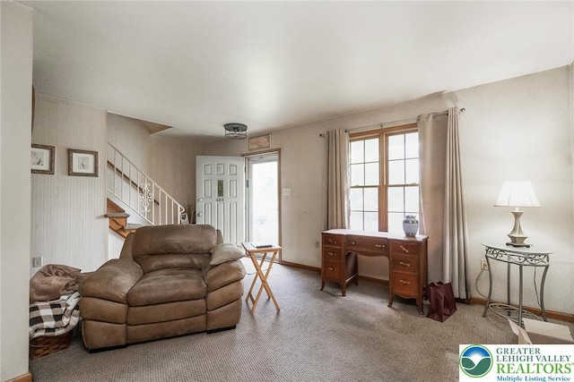 468 E 9th St, Northampton Boro, PA 18067 - carpeted living area featuring stairs and baseboards