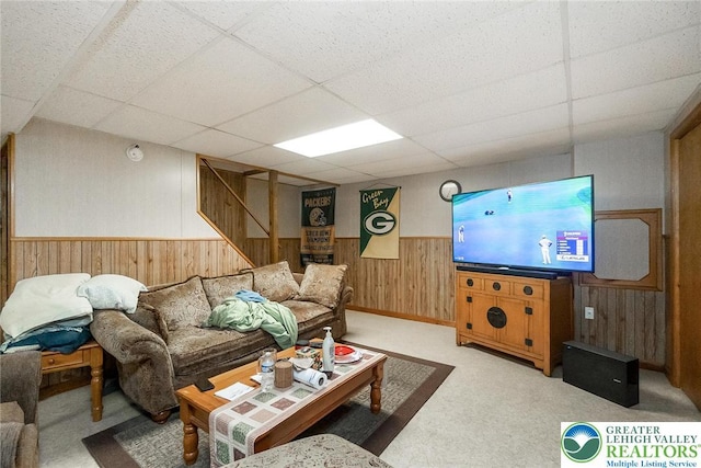 468 E 9th St, Northampton Boro, PA 18067 - living area featuring wooden walls, a drop ceiling, stairway, carpet, and wainscoting