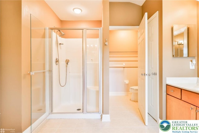 780 Ramblewood Dr, Forks Twp, PA 18040 - bathroom featuring a shower stall, vanity, and tile patterned flooring