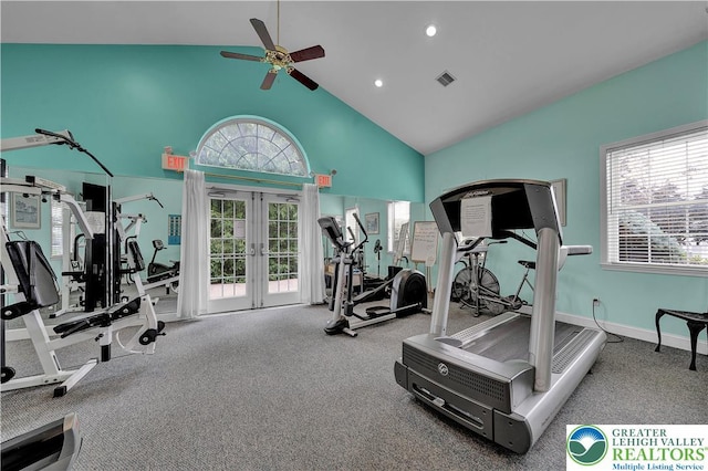 4693 Bluegrass Ln, Lower Macungie Twp, PA 18062 - exercise room featuring french doors, ceiling fan, plenty of natural light, high vaulted ceiling, and carpet