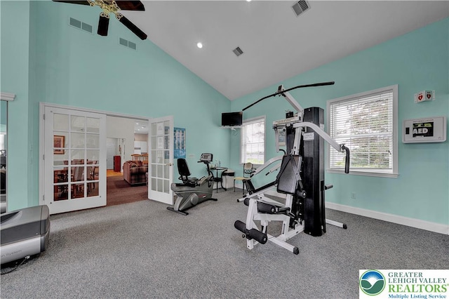 4693 Bluegrass Ln, Lower Macungie Twp, PA 18062 - workout area featuring french doors, ceiling fan, high vaulted ceiling, and carpet flooring