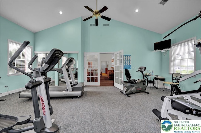4693 Bluegrass Ln, Lower Macungie Twp, PA 18062 - workout area with french doors, high vaulted ceiling, a ceiling fan, plenty of natural light, and carpet floors