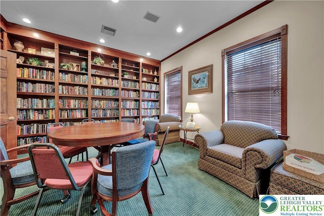 4693 Bluegrass Ln, Lower Macungie Twp, PA 18062 - home office featuring crown molding, carpet floors, recessed lighting, wall of books, and built in shelves