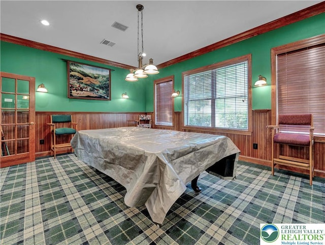 4693 Bluegrass Ln, Lower Macungie Twp, PA 18062 - recreation room featuring a wainscoted wall, billiards, ornamental molding, carpet floors, and wood walls