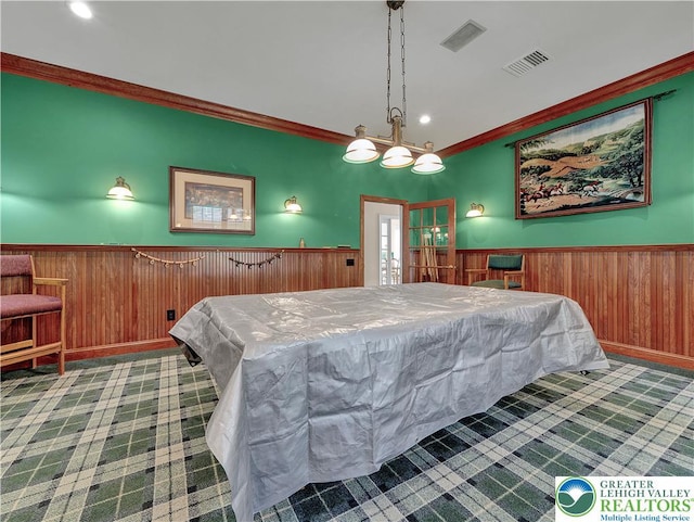 4693 Bluegrass Ln, Lower Macungie Twp, PA 18062 - bedroom featuring wainscoting, ornamental molding, french doors, wood walls, and pool table