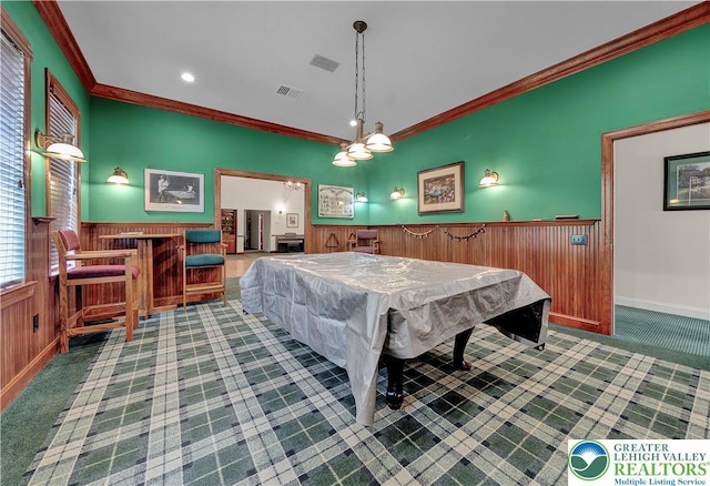 4693 Bluegrass Ln, Lower Macungie Twp, PA 18062 - rec room featuring carpet floors, crown molding, a wainscoted wall, pool table, and wooden walls
