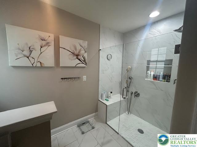 1051 Resolution Dr, Hanover Twp, PA 18017 - full bath featuring marble finish flooring, a marble finish shower, and recessed lighting