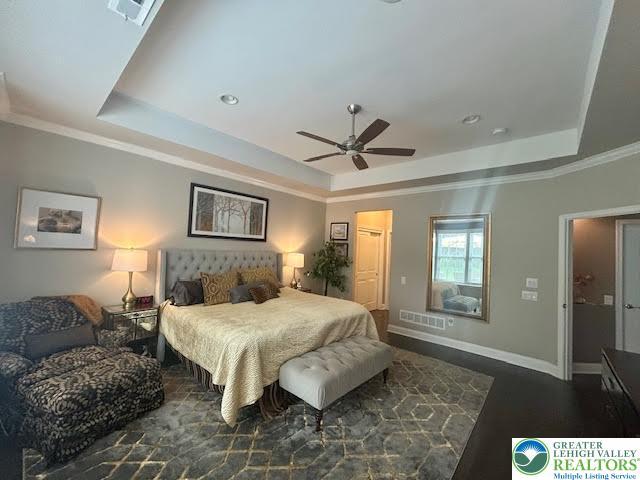 1051 Resolution Dr, Hanover Twp, PA 18017 - bedroom with a raised ceiling, ornamental molding, recessed lighting, wood finished floors, and a ceiling fan