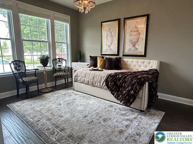 1051 Resolution Dr, Hanover Twp, PA 18017 - bedroom with multiple windows, a chandelier, and wood finished floors
