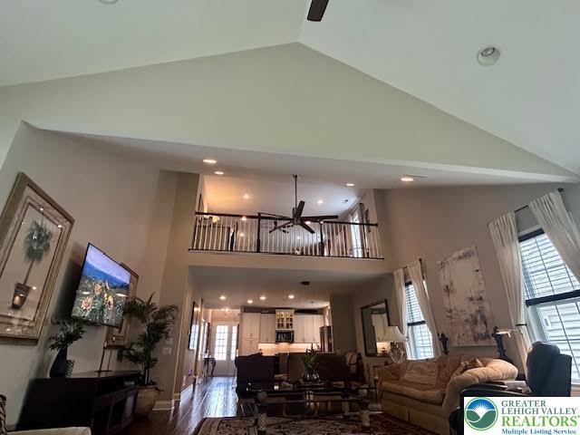 1051 Resolution Dr, Hanover Twp, PA 18017 - living room featuring high vaulted ceiling, plenty of natural light, ceiling fan, and recessed lighting