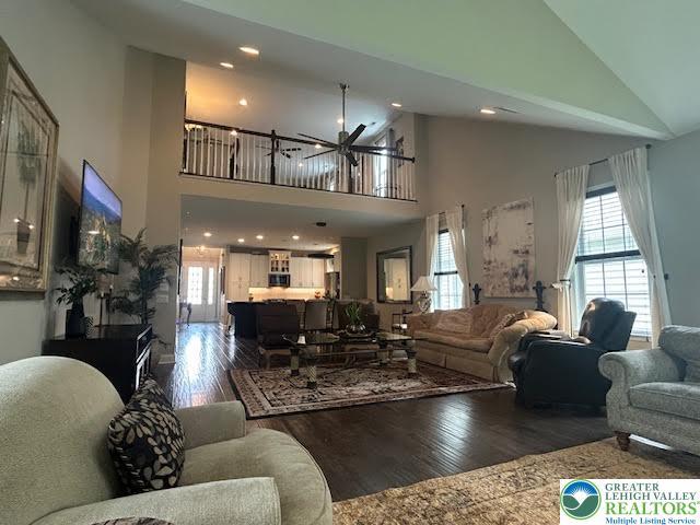 1051 Resolution Dr, Hanover Twp, PA 18017 - living area with a ceiling fan, wood finished floors, high vaulted ceiling, and recessed lighting