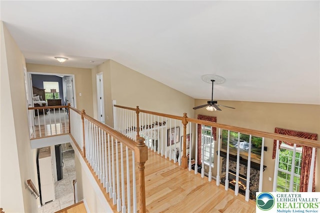 6841 Stone Croft Cir, Macungie Boro, PA 18062 - stairs featuring ceiling fan and wood finished floors