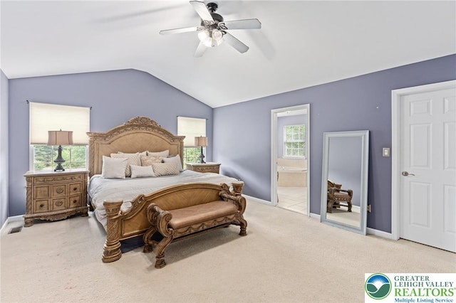 6841 Stone Croft Cir, Macungie Boro, PA 18062 - carpeted bedroom featuring lofted ceiling, ensuite bathroom, and a ceiling fan