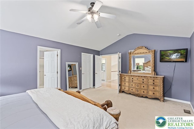 6841 Stone Croft Cir, Macungie Boro, PA 18062 - bedroom with vaulted ceiling, light carpet, ceiling fan, and ensuite bath