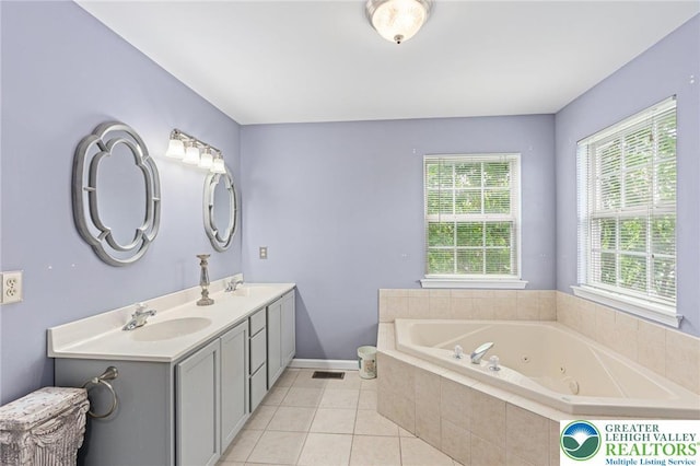 6841 Stone Croft Cir, Macungie Boro, PA 18062 - full bath with plenty of natural light, double vanity, a tub with jets, and tile patterned flooring