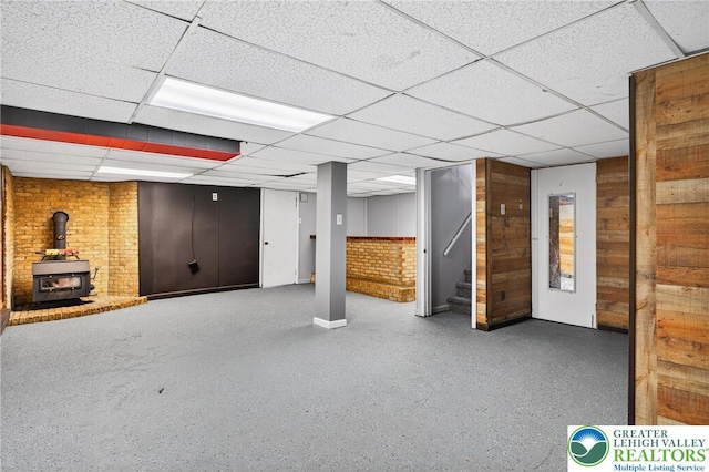 2228 Skyline, Washington Twp, PA 18080 - finished basement with stairway, a drop ceiling, and a wood stove