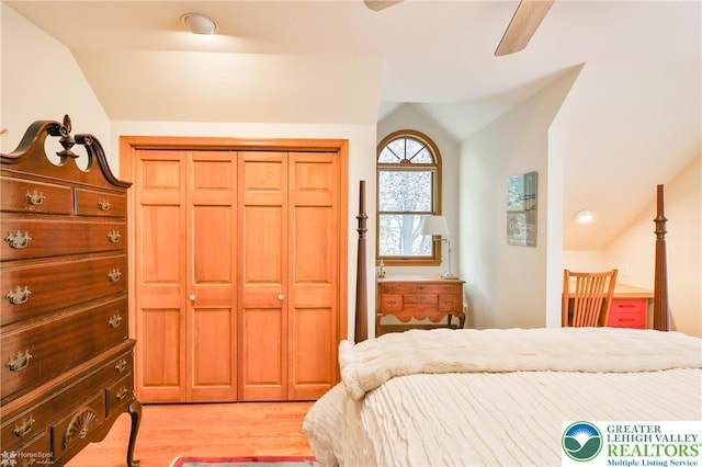 3745 Orefield Rd, South Whitehall Twp, PA 18104 - bedroom featuring lofted ceiling, light wood-style floors, a ceiling fan, and a closet