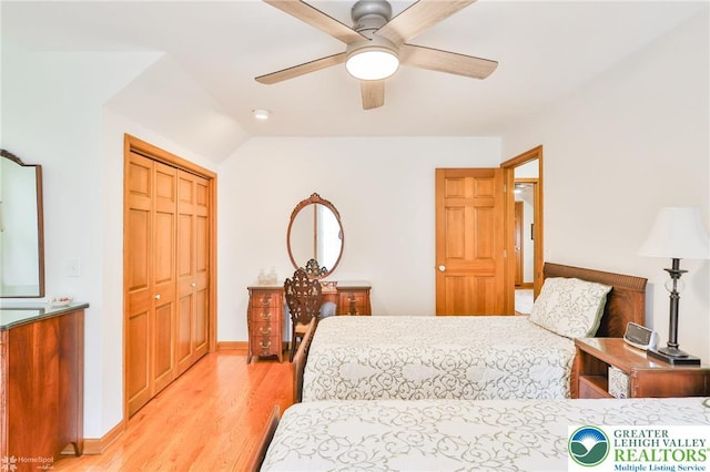 3745 Orefield Rd, South Whitehall Twp, PA 18104 - bedroom featuring light wood finished floors, a closet, lofted ceiling, and a ceiling fan