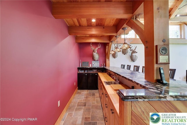 909 Interchange Rd, Polk Twp, PA 18333 - indoor wet bar with stone finish flooring, a wooden ceiling with exposed beams, hanging light fixtures, and dishwasher