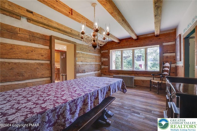 909 Interchange Rd, Polk Twp, PA 18333 - bedroom featuring radiator, wood walls, a chandelier, beam ceiling, and hardwood / wood-style floors