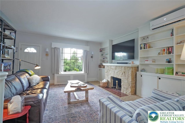 11 11 Ave, D, PA 17972 - living area with radiator heating unit, an AC wall unit, and a stone fireplace