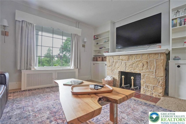 11 11 Ave, D, PA 17972 - living room with radiator, a stone fireplace, and built in shelves