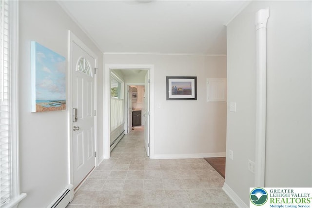 11 11 Ave, D, PA 17972 - hallway with a baseboard radiator, ornamental molding, and light tile patterned floors