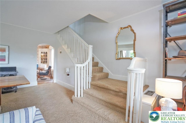 11 11 Ave, D, PA 17972 - stairs with arched walkways, carpet flooring, and ornamental molding