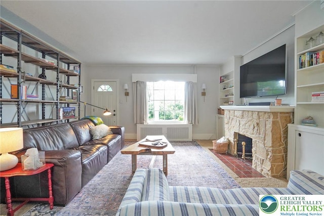 11 11 Ave, D, PA 17972 - living area featuring radiator heating unit, a stone fireplace, built in shelves, and wood finished floors