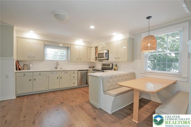 11 11 Ave, D, PA 17972 - kitchen with appliances with stainless steel finishes, a peninsula, light wood-style floors, ornamental molding, and light countertops